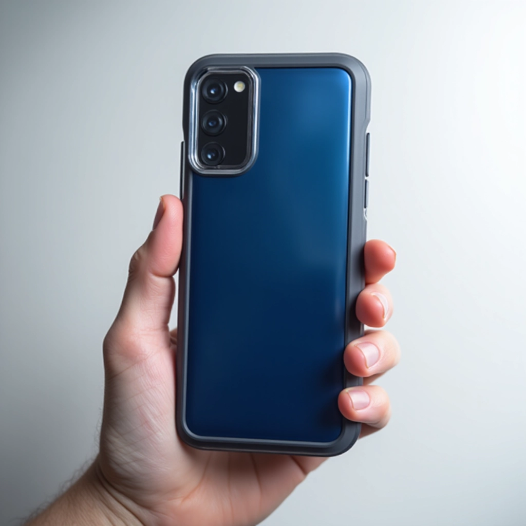 Phone in midnight blue color displayed with Hybrid Clear case showing off the original color through transparent back panel with smoke-tinted frame visible, held at angle in natural light